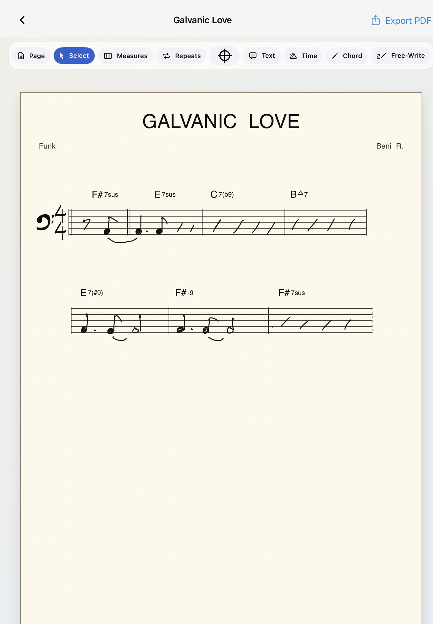iChart editor showing a handwritten chart with chords, rhythm cues, and notation sketches.